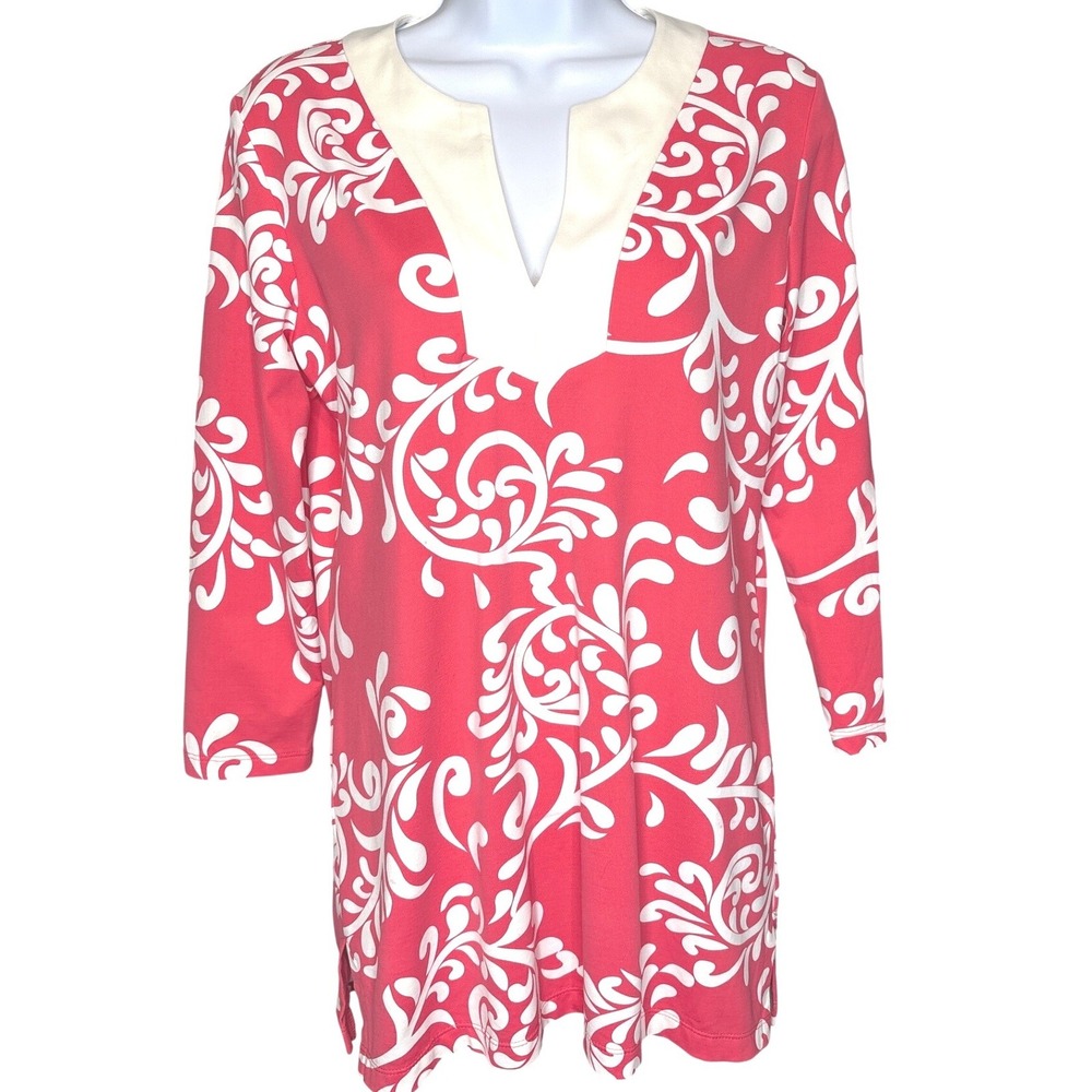 J. McLaughlin Womens Coral Red Scroll Print Tunic Top Sz S Resortwear Stretch